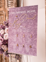 Plany stołów Glamour welurowe Welurowy plan stołów, plan usadzenia gości na weselu, welurowa lawendowa plansza powitanie gości i plan stołów w jednym, eleganckie złote napisy 10