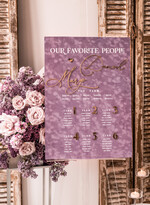 Plany stołów Glamour welurowe Welurowy plan stołów, plan usadzenia gości na weselu, welurowa lawendowa plansza powitanie gości i plan stołów w jednym, eleganckie złote napisy 1