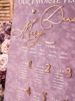Plany stołów Glamour welurowe Welurowy plan stołów, plan usadzenia gości na weselu, welurowa lawendowa plansza powitanie gości i plan stołów w jednym, eleganckie złote napisy 5