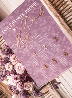 Plany stołów Glamour welurowe Welurowy plan stołów, plan usadzenia gości na weselu, welurowa lawendowa plansza powitanie gości i plan stołów w jednym, eleganckie złote napisy 0