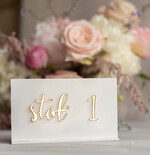 Numery na stół Akryl nowoczesne numery na stoły weselne biała i złota plexi wesele glamour 4