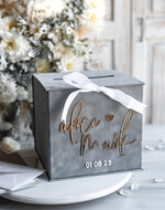 Pudełko na koperty  glamour Elegancka szara welurowa kopertówka ze złotymi napisami, szary cieniowany welur, pudełko na koperty, pomysł na pudełko na pieniądze podczas wesela0