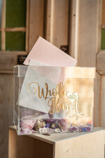 Pudełko na koperty  glamour Nowoczesna wyjątkowa kopertówka z przezroczystej plexi wesele glamour złote litery14