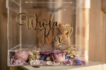 Pudełko na koperty  glamour Nowoczesna wyjątkowa kopertówka z przezroczystej plexi wesele glamour złote litery4