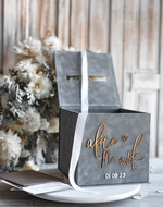 Pudełko na koperty  glamour Personalizowana szara welurowa kopertówka ze złotymi napisami, szary cieniowany welur, pudełko na koperty, pomysł na pudełko na pieniądze podczas wesela3