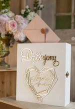 Pudełko na koperty  glamour białe drewniane pudełko na koperty weselne kopertówka skrzynka na kartki ślubne geometryczne złote serce wasze imiona 0