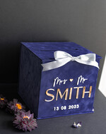 Pudełko na koperty  glamour Granatowe welurowa kopertówka ze złotymi napisami, granatowy cieniowany welur, pudełko na koperty złote napisy, kopertowka z weluru w stylu glamour3