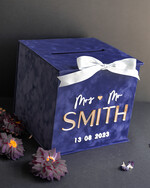 Pudełko na koperty  glamour Granatowe welurowa kopertówka ze złotymi napisami, granatowy cieniowany welur, pudełko na koperty złote napisy, kopertowka z weluru w stylu glamour2