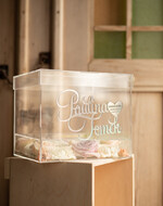 Pudełko na koperty  glamour przezroczysta kopertówka skrzynka na koperty weselne pudełko na kartki ślubne srebrne napisy wasze imiona14