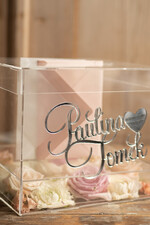 Pudełko na koperty  glamour przezroczysta kopertówka skrzynka na koperty weselne pudełko na kartki ślubne srebrne napisy wasze imiona9