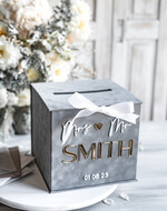 Pudełko na koperty  glamour Elegancka szara welurowa kopertówka ze złotymi napisami, szary cieniowany welur, pudełko na koperty, pomysł na pudełko na pieniądze podczas wesela9