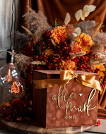 Pudełko na koperty  glamour Welurowa brązowo złota kopertówka ze złotymi napisami, brązowy cieniowany welur, pudełko na koperty, pomysł na pudełko na pieniądze podczas wesela4