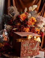 Pudełko na koperty  glamour Welurowa brązowo złota kopertówka ze złotymi napisami, brązowy cieniowany welur, pudełko na koperty, pomysł na pudełko na pieniądze podczas wesela6