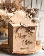 Pudełko na koperty  glamour Elegancka welurowa kopertówka ze złotymi napisami, beżowy cieniowany welur, pudełko na koperty, beżowa kopertówka na koperty od gosci weselnych 7