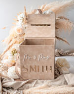 Pudełko na koperty  glamour elegancka welurowe pudełko na koperty ze złotymi napisami, beżowy cieniowany welur, pudełko na koperty7