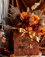 Pudełko na koperty  glamour Welurowa brązowo złota kopertówka ze złotymi napisami, brązowy cieniowany welur, pudełko na koperty, pomysł na pudełko na pieniądze podczas wesela20