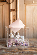 Pudełko na koperty  glamour przezroczysta ślubna skrzynka na koperty weselne  pudelko na kartki ślubne biale napisy6