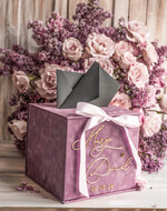 Pudełko na koperty  glamour Aksamitna welurowa kopertówka ze złotymi napisami, lawendowy cieniowany welur, pudełko na koperty, fioletowa kopertówka na koperty od gosci weselnych 4