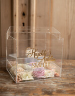 Pudełko na koperty  glamour przezroczysta skrzynka na koperty ślubne akrylowe pudełko box na kartki ślubne złote napisy imiona 1