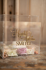 Pudełko na koperty  glamour przezroczysta skrzynka na koperty ślubne akrylowe pudełko box na kartki ślubne złote napisy imiona 6