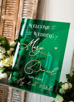 Plany stołów na pleksie - akryl Tablica powitalna slubna glamour, elegancka powitalna plansza ze złotymi literami, rama powitanie na weselu plansza powitalna na pleksie ze zlotymi literami9