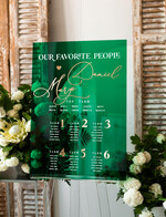 Plany stołów na pleksie - akryl Zielona Tablica Plan stołów glamour, elegancki plan stołów ze złotymi literami, plan usadzenia gości na weselu plansza powitalna na pleksie ze zlotymi literami6