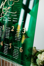 Plany stołów na pleksie - akryl Zielona Tablica Plan stołów glamour, elegancki plan stołów ze złotymi literami, plan usadzenia gości na weselu plansza powitalna na pleksie ze zlotymi literami16