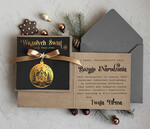 Kartki świąteczne z logo firmy Kokardki  Złocone kartki na święta z logo firmy, świąteczna kartka biznesowa z kokardką i złotymi napisami, nowoczesna firmowa kartka bożonarodzeniowa0