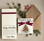 Kartki świąteczne z logo firmy Kokardki  bozonarodzeniowe kartki swiateczne z logo firmy, firmowa biznesowa kartka świąteczna z choinką, eleganckie kartki świateczne z kokardką dla firm1