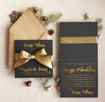 Kartki świąteczne z logo firmy Kokardki  Złocone kartki na święta z logo firmy, świąteczna kartka biznesowa z kokardką i złotymi napisami, nowoczesna firmowa kartka bożonarodzeniowa1