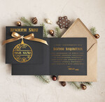 Kartki świąteczne z logo firmy Kokardki  Złocone kartki na święta z logo firmy, świąteczna kartka biznesowa z kokardką i złotymi napisami, nowoczesna firmowa kartka bożonarodzeniowa0