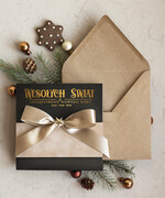 Kartki świąteczne z logo firmy Kokardki  Złocone kartki na święta z logo firmy, świąteczna kartka biznesowa z kokardką i welurem, nowoczesna firmowa kartka bożonarodzeniowa0