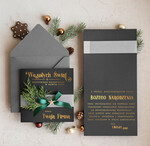 Kartki świąteczne z logo firmy Kokardki  Złocone kartki na święta z logo firmy, świąteczna kartka biznesowa z kokardką i złotymi napisami, nowoczesna firmowa kartka bożonarodzeniowa0