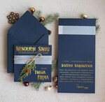 Kartki świąteczne z logo firmy Kokardki  Złocone kartki na święta z logo firmy, świąteczna kartka biznesowa z kokardką i złotą grafiką, nowoczesna firmowa kartka bożonarodzeniowa1