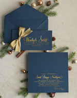 Kartki świąteczne z logo firmy Kokardki  Złocone kartki na święta z logo firmy, świąteczna kartka biznesowa z kokardką i złotymi napisami, nowoczesna firmowa kartka bożonarodzeniowa1