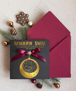 Kartki świąteczne z logo firmy Kokardki  Złocone kartki na święta z logo firmy, świąteczna kartka biznesowa z kokardką zloconąbombką, nowoczesna firmowa kartka bożonarodzeniowa1