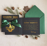 Kartki świąteczne z logo firmy Kokardki  Złocone kartki na święta z logo firmy, świąteczna kartka biznesowa z kokardką i złotą grafiką, nowoczesna firmowa kartka bożonarodzeniowa1