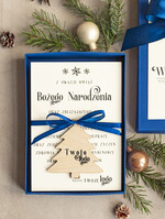 Kartki świąteczne z logo firmy kartka pudełko Biznesowe kartki świąteczne z logo w pudełku z bombką na choinkę- drewniane zawieszki na choinkę prezent dla klientów2