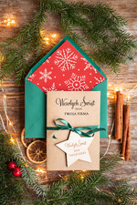 Kartki świąteczne z logo firmy z magnesem lub zawieszką na choinkę kartka świąteczna z waszym logo kartka z drewniana bombką na choinkę   0