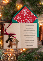 Kartki świąteczne z logo firmy z magnesem lub zawieszką na choinkę kartki świąteczne dla firm Złota bombka zawieszka na choinke z Logo firmy świateczna kartka firmowa renifer1