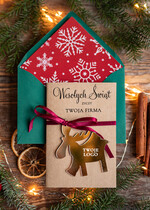 Kartki świąteczne z logo firmy z magnesem lub zawieszką na choinkę kartki świąteczne dla firm Złota bombka zawieszka na choinke z Logo firmy świateczna kartka firmowa renifer2