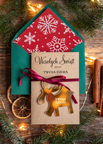 Kartki świąteczne z logo firmy z magnesem lub zawieszką na choinkę kartki świąteczne dla firm Złota bombka zawieszka na choinke z Logo firmy świateczna kartka firmowa renifer0