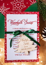 Kartki świąteczne z logo firmy z magnesem lub zawieszką na choinkę kartki świąteczne dla firmy z logo kartki z drewnianą bombką   kartki świąteczne dla firm Drewniana bombka zawieszka na choinke1