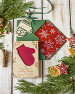 Kartki świąteczne z logo firmy z magnesem lub zawieszką na choinkę kartki świąteczne dla firm Drewniana bombka zawieszka na choinke z Logo firmy świateczna kartka firmowa rękawica1