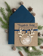 Kartki świąteczne z logo firmy z magnesem lub zawieszką na choinkę Bombka reniferek zawieszka na choinkę i  kartka świateczna dla Firm, kartki swiateczne z logo, biznesowa kartka0