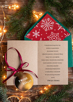 Kartki świąteczne z logo firmy z magnesem lub zawieszką na choinkę kartki świąteczne dla firm Złota bombka zawieszka na choinke z Logo firmy świateczna kartka firmowa bombka1