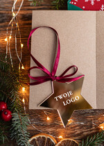 Kartki świąteczne z logo firmy z magnesem lub zawieszką na choinkę kartki świąteczne dla firm Złota bombka zawieszka na choinke z Logo firmy świateczna kartka firmowa choinka1