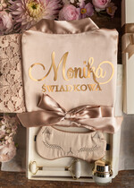 Prezenty dla świadków boxy prezentowe dla Świadkowej, prośba o świadkowanie  box prezentowy dla druhny satynowa podomka z koronką elegancki w pięknym beżowym kolorze 1