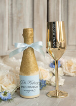 Prezenty dla Panny Młodej  zestawy z koszulką na noc poślubną Prezent na wieczór Panieński -  mini szampanek bezalkoholowy i stalowy złoty kieliszek z napisem0