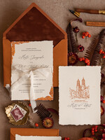 Zaproszenia ślubne Wydzierane Brzegi Zaproszenia ślubne miedziane rogi, delikatne zaproszenia na ślub z miedzią, zaproszenie glamour z białą wstążką, zaproszenie ze szkicem miejsca wesela0